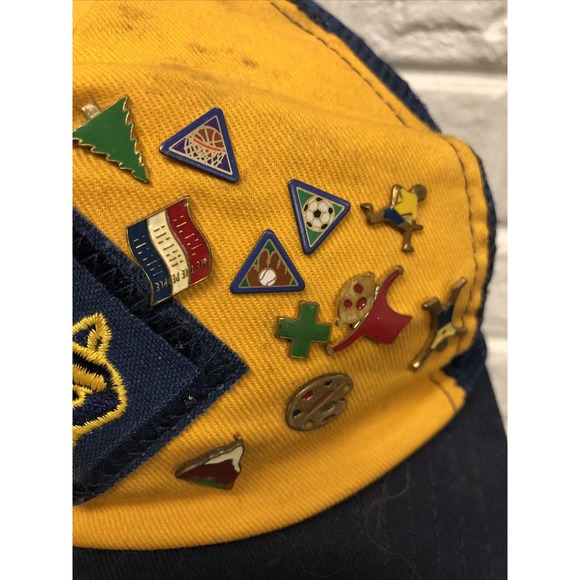 Vtg BSA Cub Scouts Snapback Cap Hat with 22 Achievement Pins Sports Mountain - Picture 3 of 8